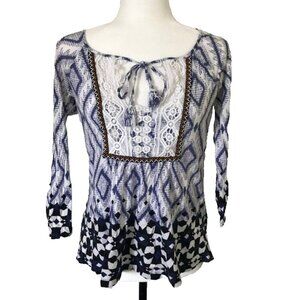 ANTHRO Vanessa & Virginia Boho Top Size Small Blue White Crochet Tassle Tie